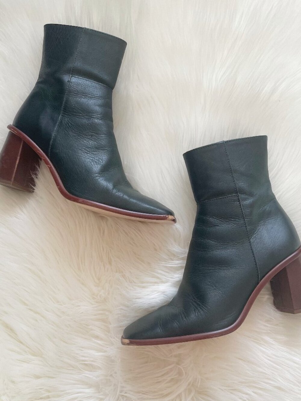 Alohas Jade Green West Vintage Leather Contrast Block Heel Ankle Boots
